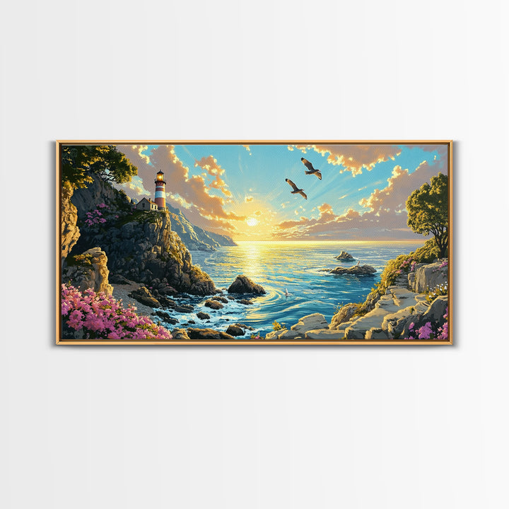 Clifftop Lighthouse Path With Seagulls Framed Canvas Print, Coastal Wall Art, Panoramic Ocean Art, Beach House Decor Gift