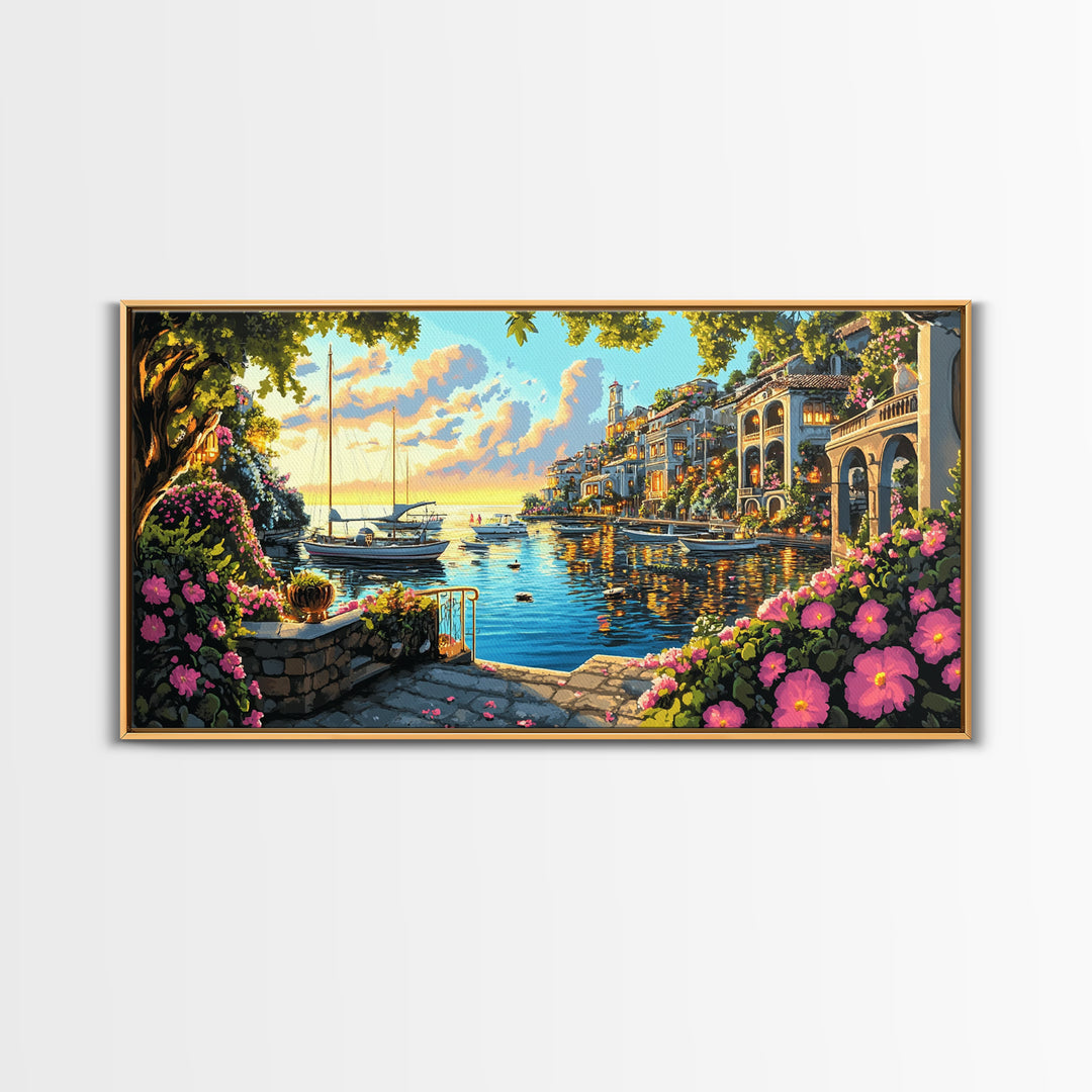 Flower Filled Mediterranean Marina At Sunset Canvas Print, Coastal Wall Art, Italy Decor, Canal Village Landscape Print Gift