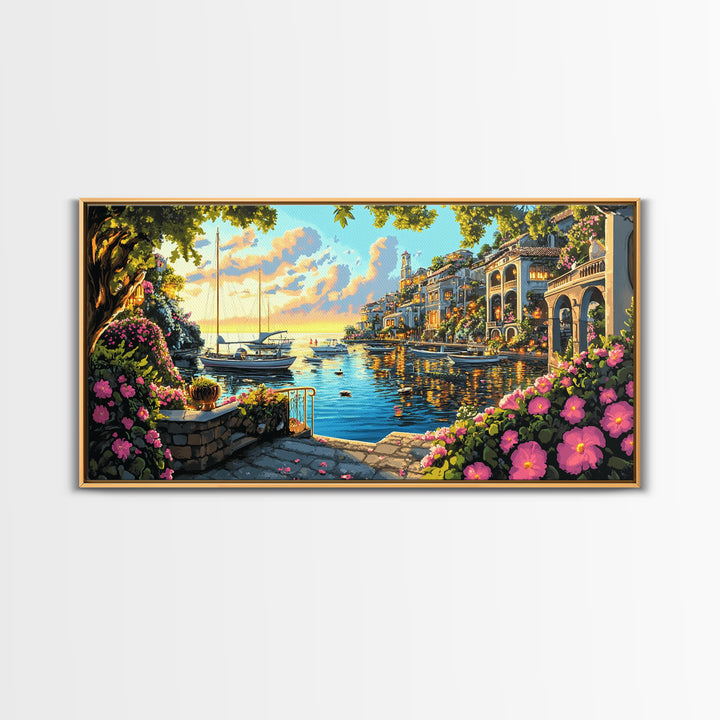 Flower Filled Mediterranean Marina At Sunset Canvas Print, Coastal Wall Art, Italy Decor, Canal Village Landscape Print Gift