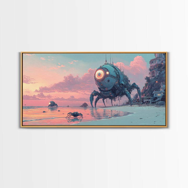 Robot Crab Beach Sunset Wall Art, Sci Fi Coastal Canvas, Futuristic Ocean Decor, Cyberpunk Seascape Print, Gamer Gift For Him