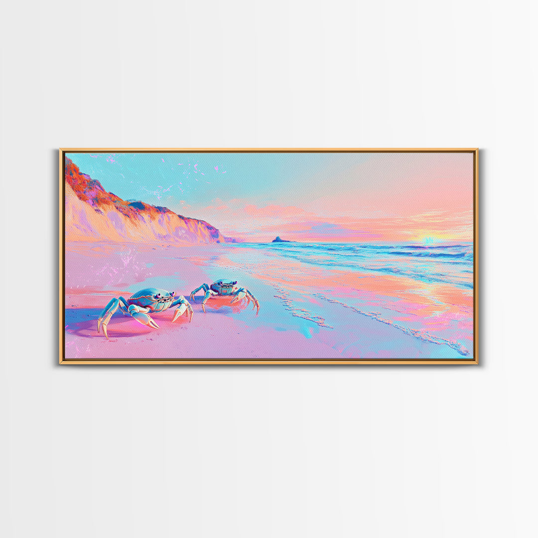 Pastel Crabs On Pink Beach Canvas Print, Coastal Wall Decor, Ocean Sunset Art, Tropical Nursery Decor, Beach House Gift For Her