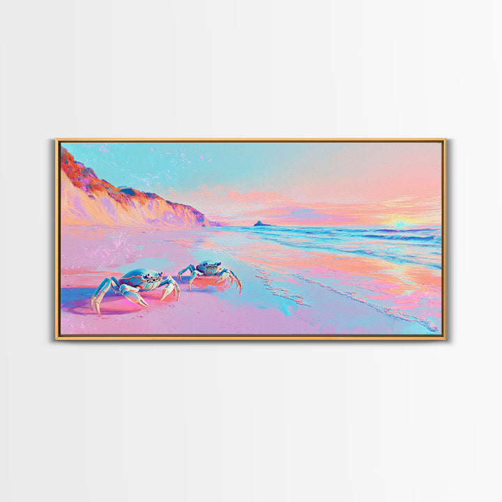 Pastel Crabs On Pink Beach Canvas Print, Coastal Wall Decor, Ocean Sunset Art, Tropical Nursery Decor, Beach House Gift For Her