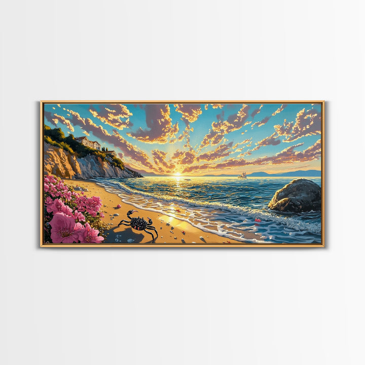 Golden Coastal Sunset With Crab Wall Art, Mediterranean Beach House Decor, Ocean Seascape Print, Living Room Canvas Art Gift