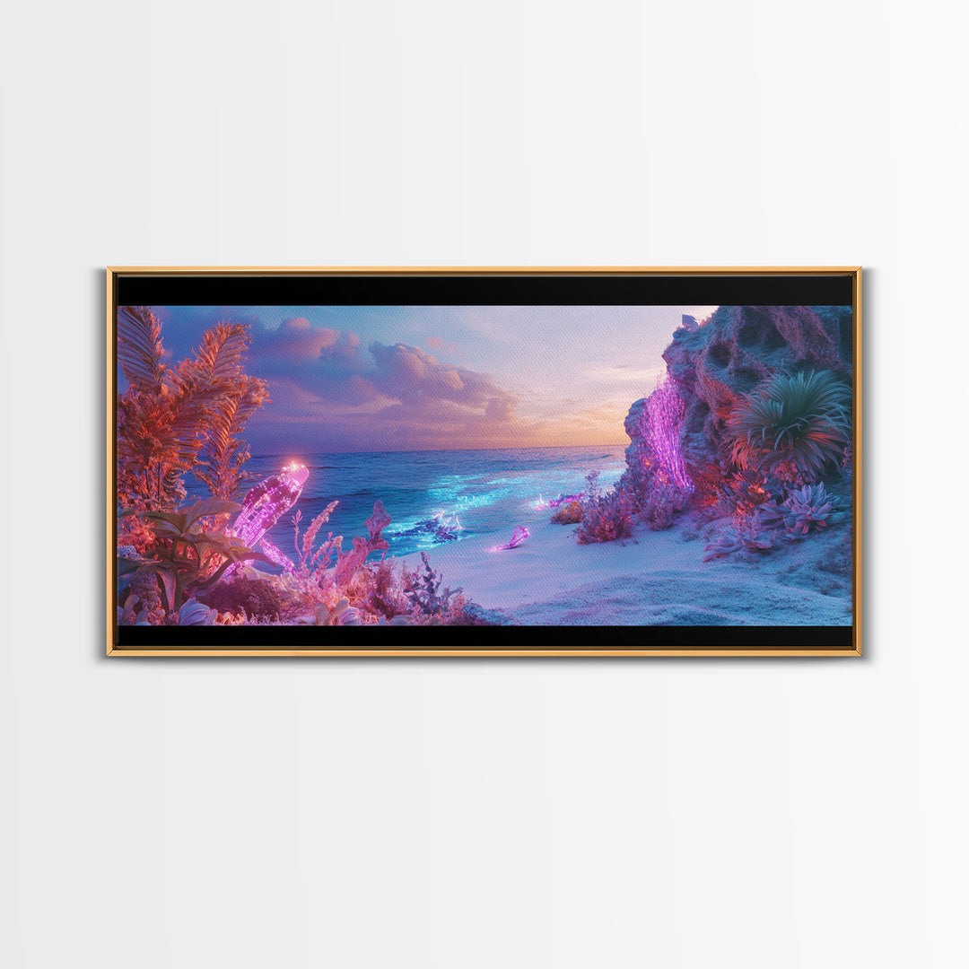 Neon Fantasy Beach With Glowing Coral Canvas Print, Tropical Ocean Wall Art, Cyberpunk Coastal Decor, Ethereal Seascape Print