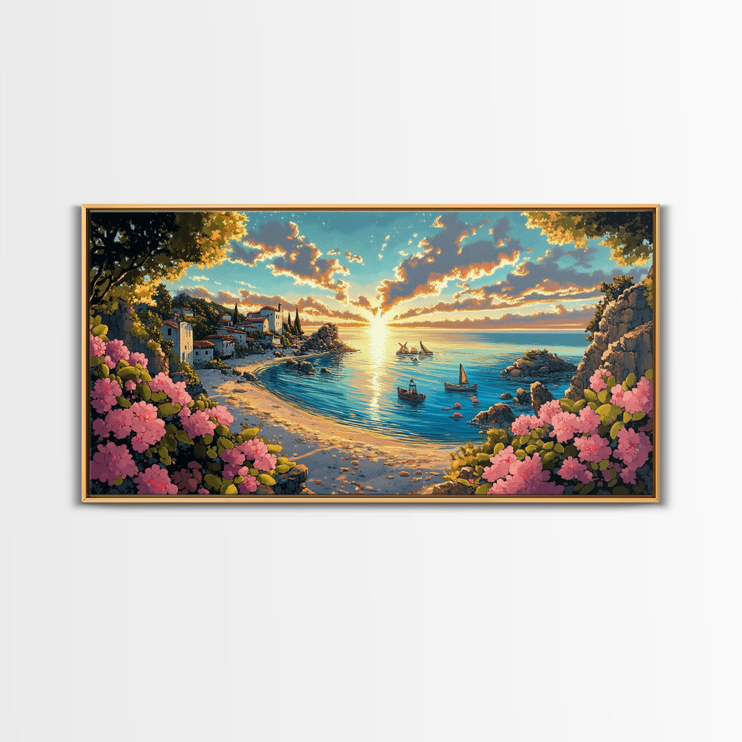 Italian Coastal Village Sunrise Wall Art, Mediterranean Cove Canvas, Beach House Decor, Panoramic Seascape Living Room Print