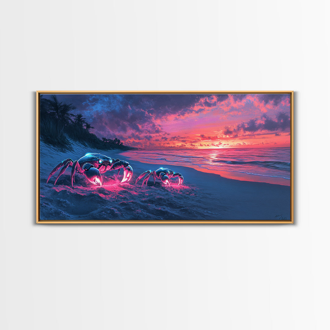 Glowing Neon Crabs On Twilight Beach Canvas Print, Cyberpunk Ocean Wall Art, Tropical Coastal Decor, Sci Fi Seascape Gift
