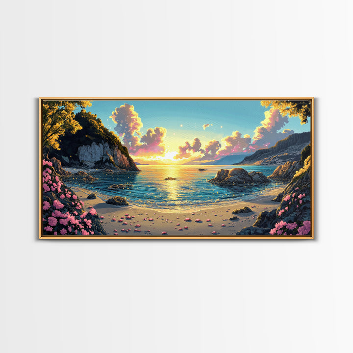 Mountain Cove Sunset With Pink Flowers Wall Art, Coastal Lake Canvas Print, Nature Landscape Decor, Serene Beach House Gift