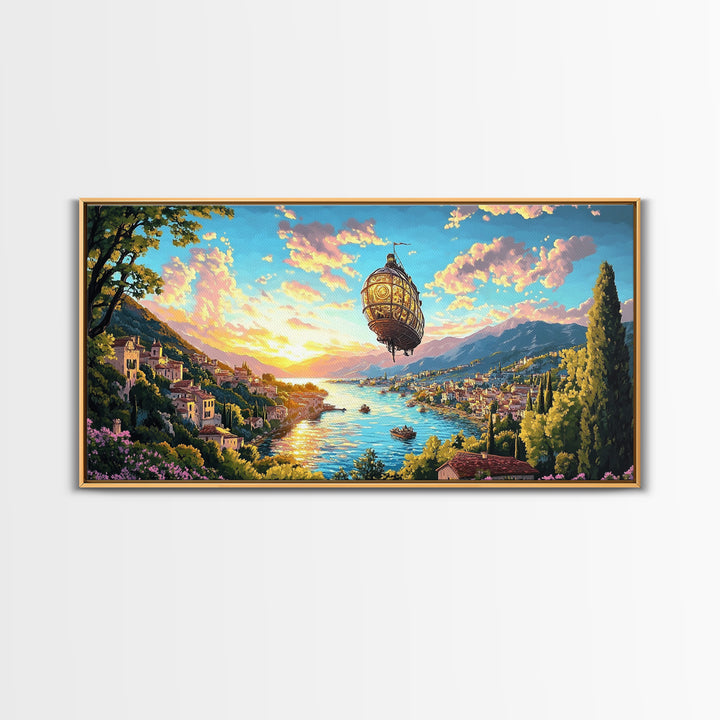 Ornate Airship Over Lake Como Sunset Framed Canvas Print, Italian Wall Art, Mediterranean Decor, Romantic Travel Poster Gift