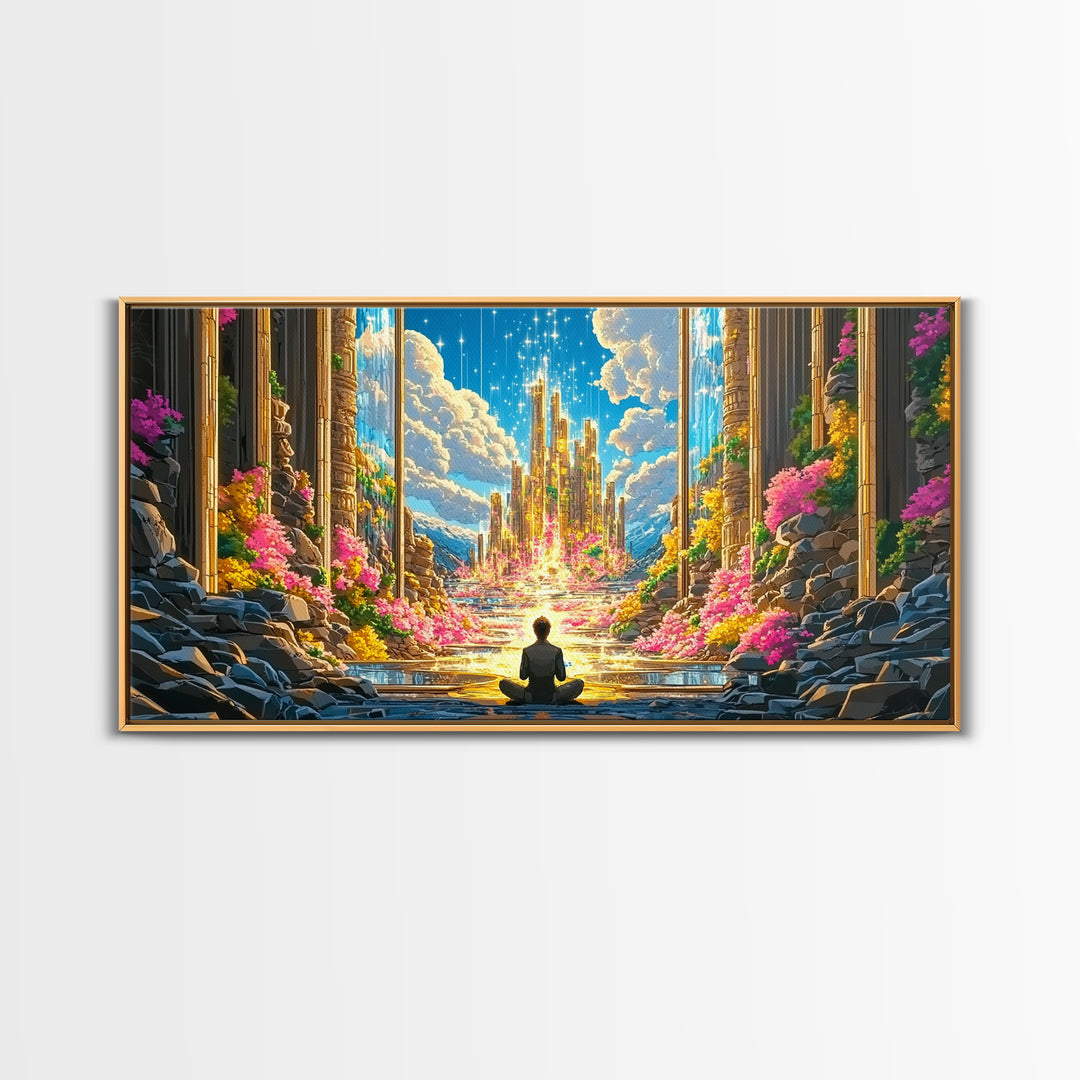 Meditating Figure Before Golden Celestial City Canvas Print, Fantasy Wall Art, Spiritual Decor, Meditation Room Art Gift