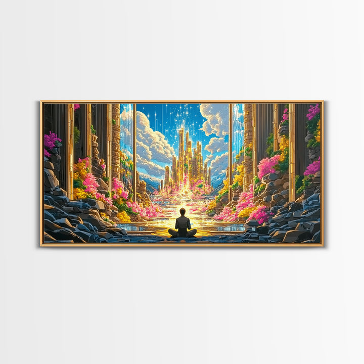 Meditating Figure Before Golden Celestial City Canvas Print, Fantasy Wall Art, Spiritual Decor, Meditation Room Art Gift