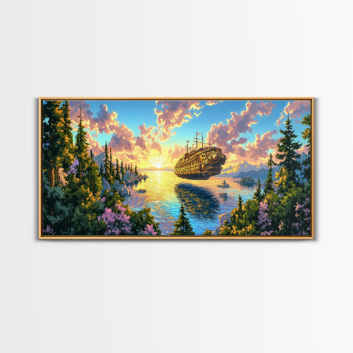 Steampunk Airship Over Sunset Forest Lake Framed Canvas Print, Fantasy Wall Art, Nature Decor, Cabin Living Room Art Gift
