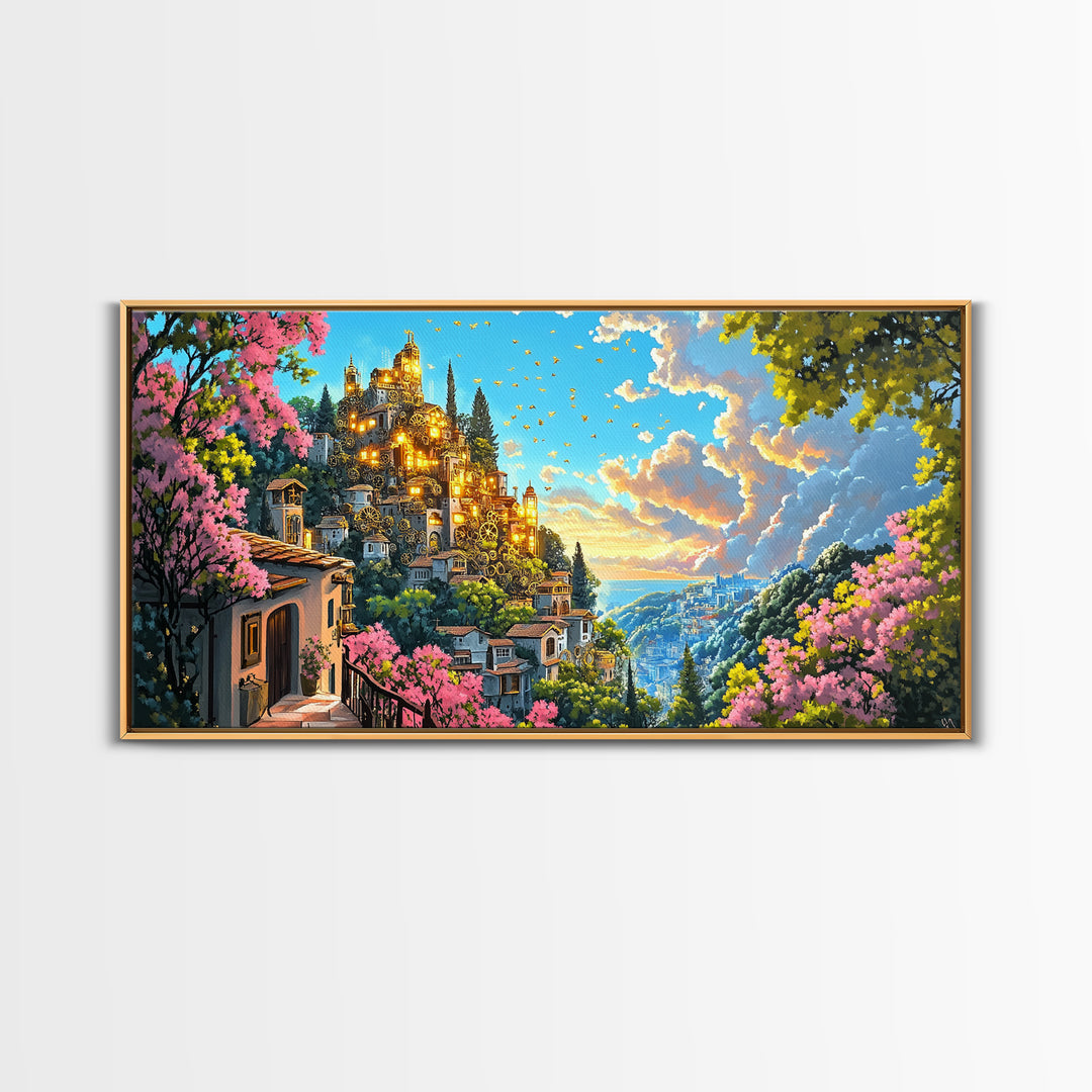 Golden Hilltop Castle With Pink Blossoms And Blue Valley Wall Art, Fantasy Canvas Print, Mediterranean Decor, Maximalist Art Gift