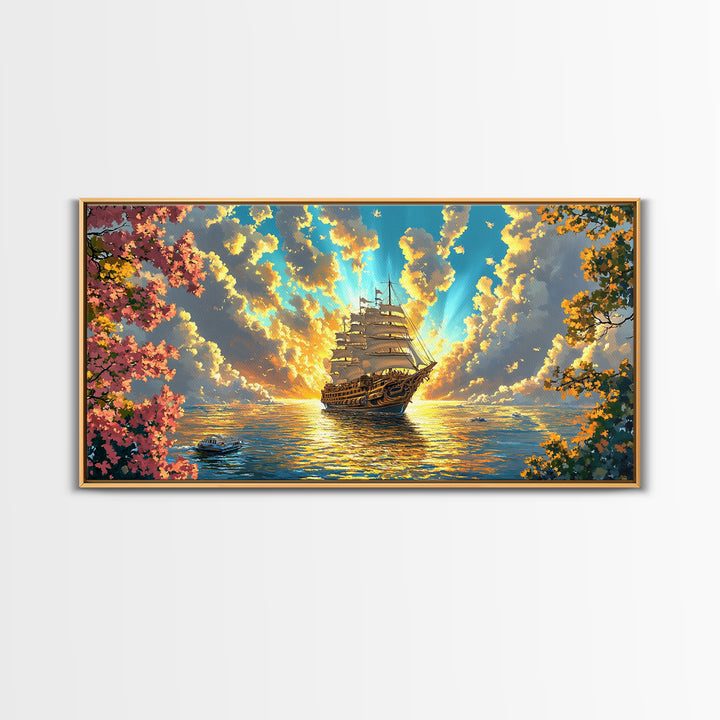 Golden Sailing Ship Canvas Print, Sunset Ocean Seascape Wall Art, Nautical Coastal Decor, Romantic Beach House Living Room Art