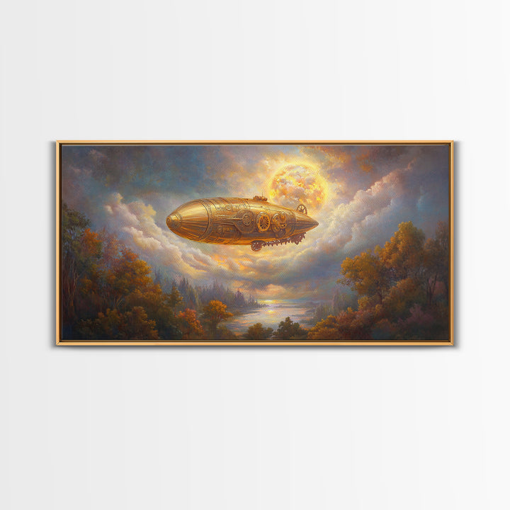 Golden Steampunk Airship Framed Canvas Print, Autumn River Landscape Wall Art, Celestial Moon Decor, Fantasy Office Art Print