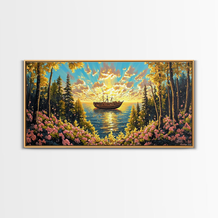 Sunset Boat On Forest Lake Wall Art, Wildflower Coastal Landscape Canvas Print, Rustic Nature Home Decor, Cozy Cabin Art