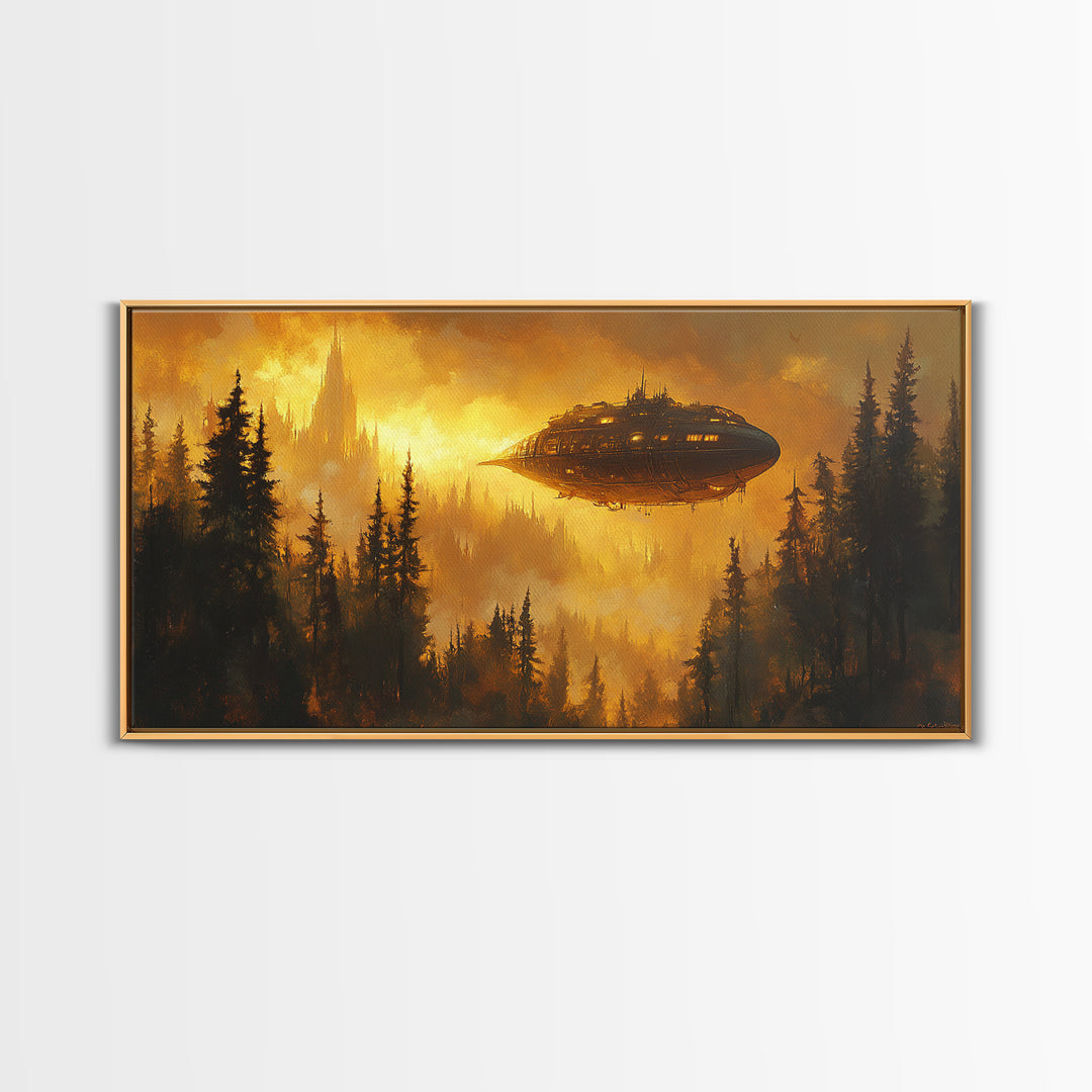 Golden Airship Over Pine Forest Wall Art, Dark Fantasy Castle Canvas Print, Moody Steampunk Landscape, Gothic Home Decor