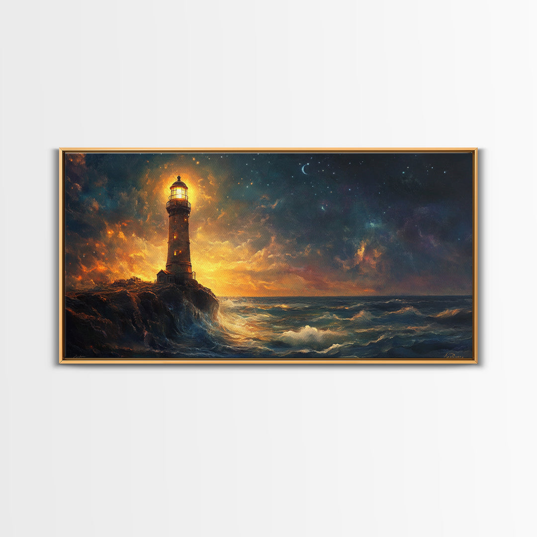 Stormy Lighthouse At Night Framed Canvas Print, Moody Seascape Wall Art, Coastal Decor, Ocean Painting, Gift For Him, Office Decor