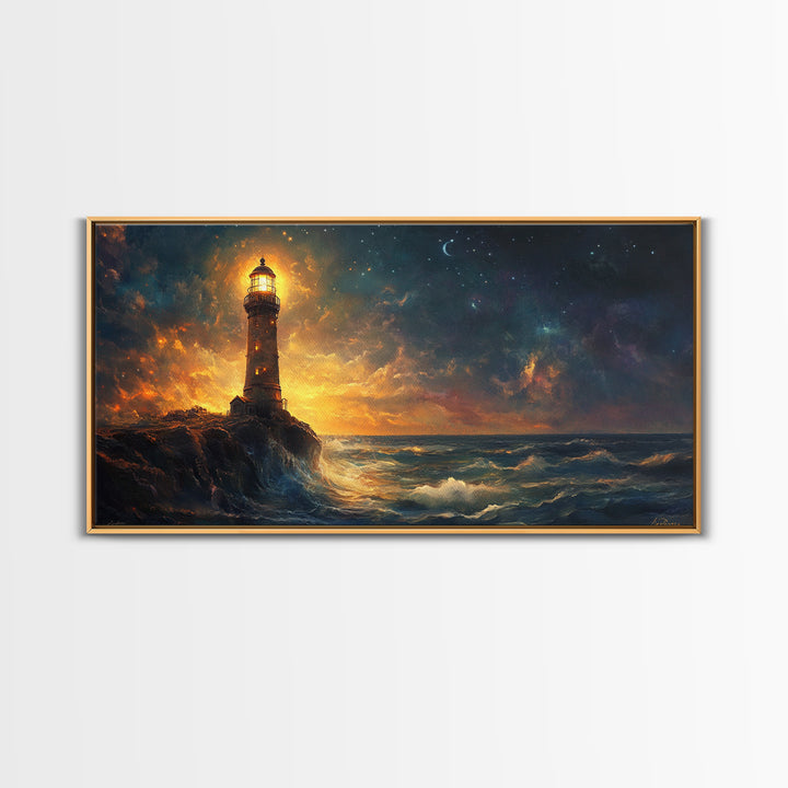 Stormy Lighthouse At Night Framed Canvas Print, Moody Seascape Wall Art, Coastal Decor, Ocean Painting, Gift For Him, Office Decor