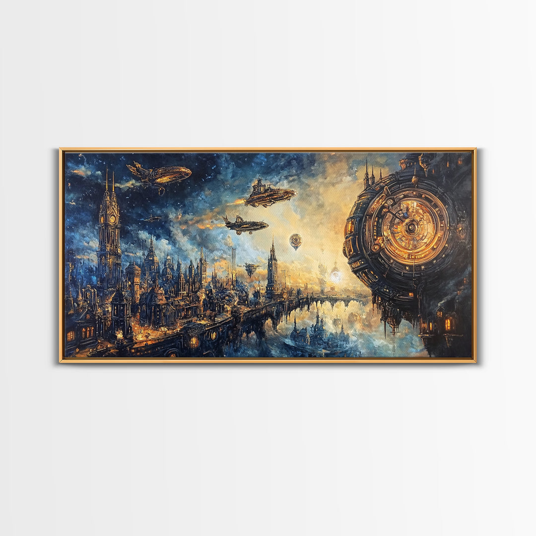 Sci Fi Clockwork City With Airships Framed Canvas Print, Futuristic Wall Art, Space Decor, Cyberpunk Cityscape Art, Large Wall Art