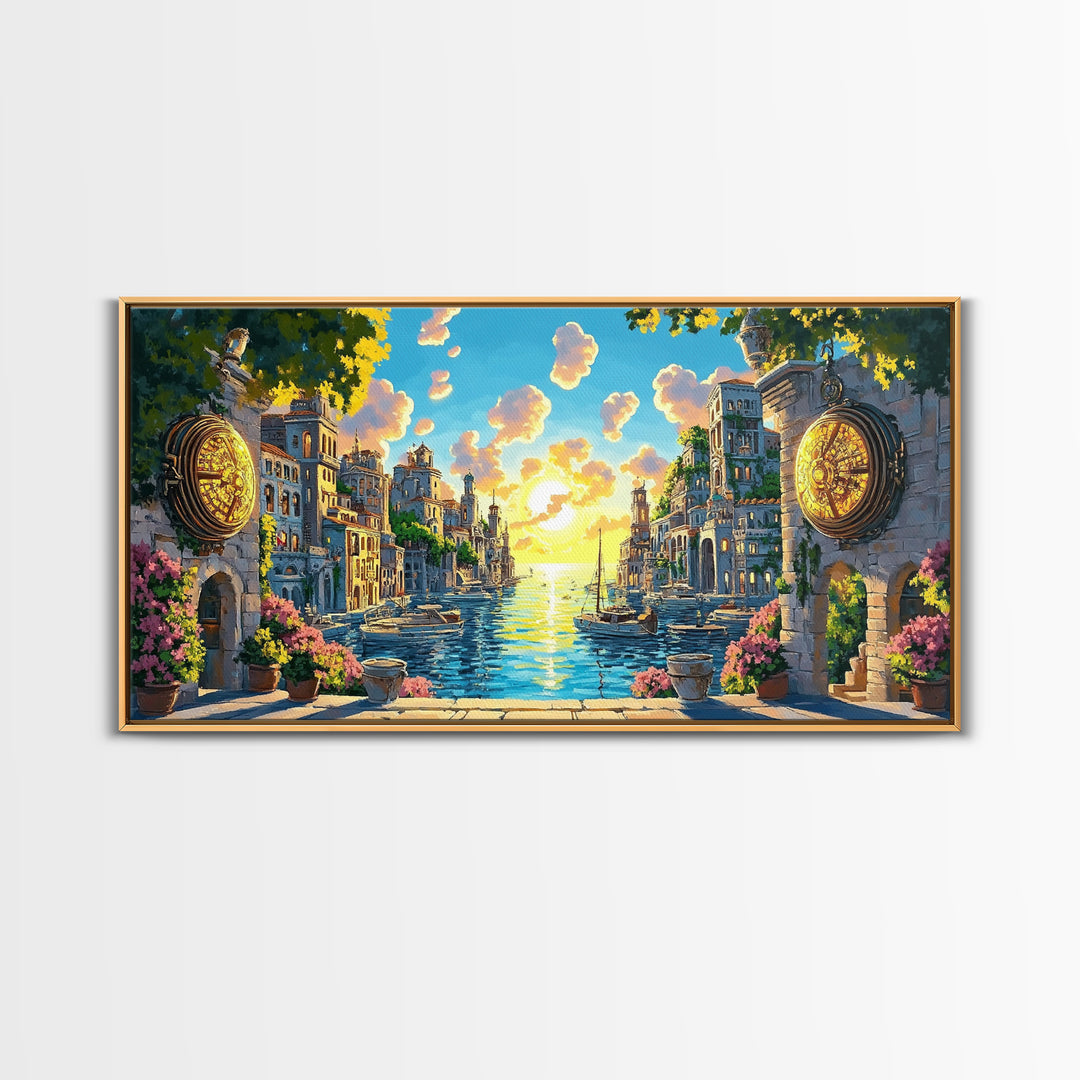 Glowing Canal City With Golden Portals Framed Canvas Print, Mediterranean Wall Art, Coastal Decor, Fantasy Landscape Art