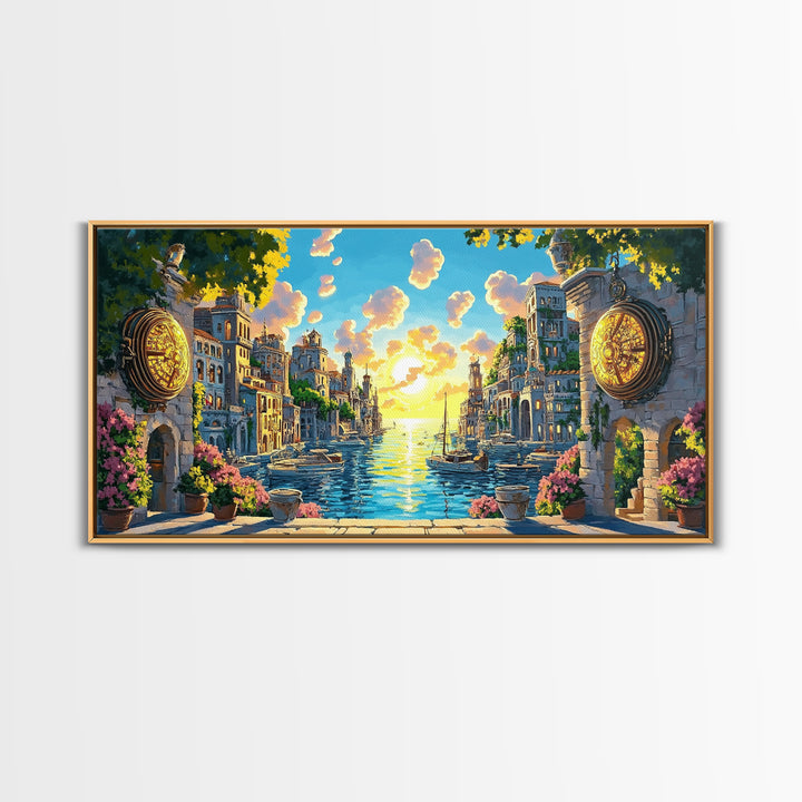 Glowing Canal City With Golden Portals Framed Canvas Print, Mediterranean Wall Art, Coastal Decor, Fantasy Landscape Art