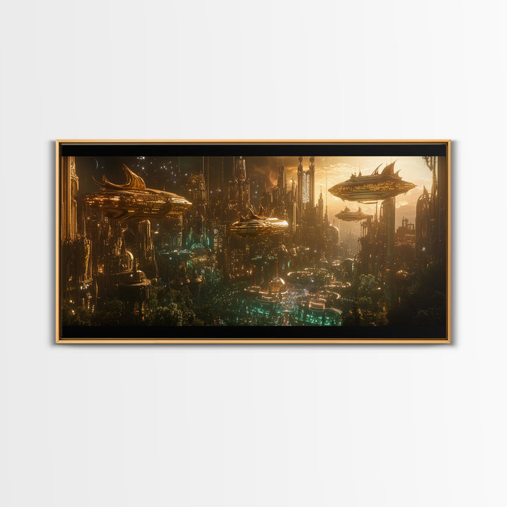 Golden Futuristic City With Airships Canvas Print, Cyberpunk Wall Art, Sci Fi Decor, Dark Fantasy Skyline, Large Wall Art