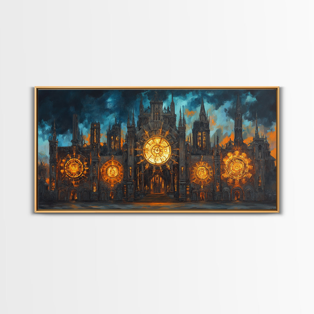 Gothic Clockwork Cathedral With Glowing Clocks Framed Canvas Print, Dark Academia Wall Art, Steampunk Decor, Large Wall Art