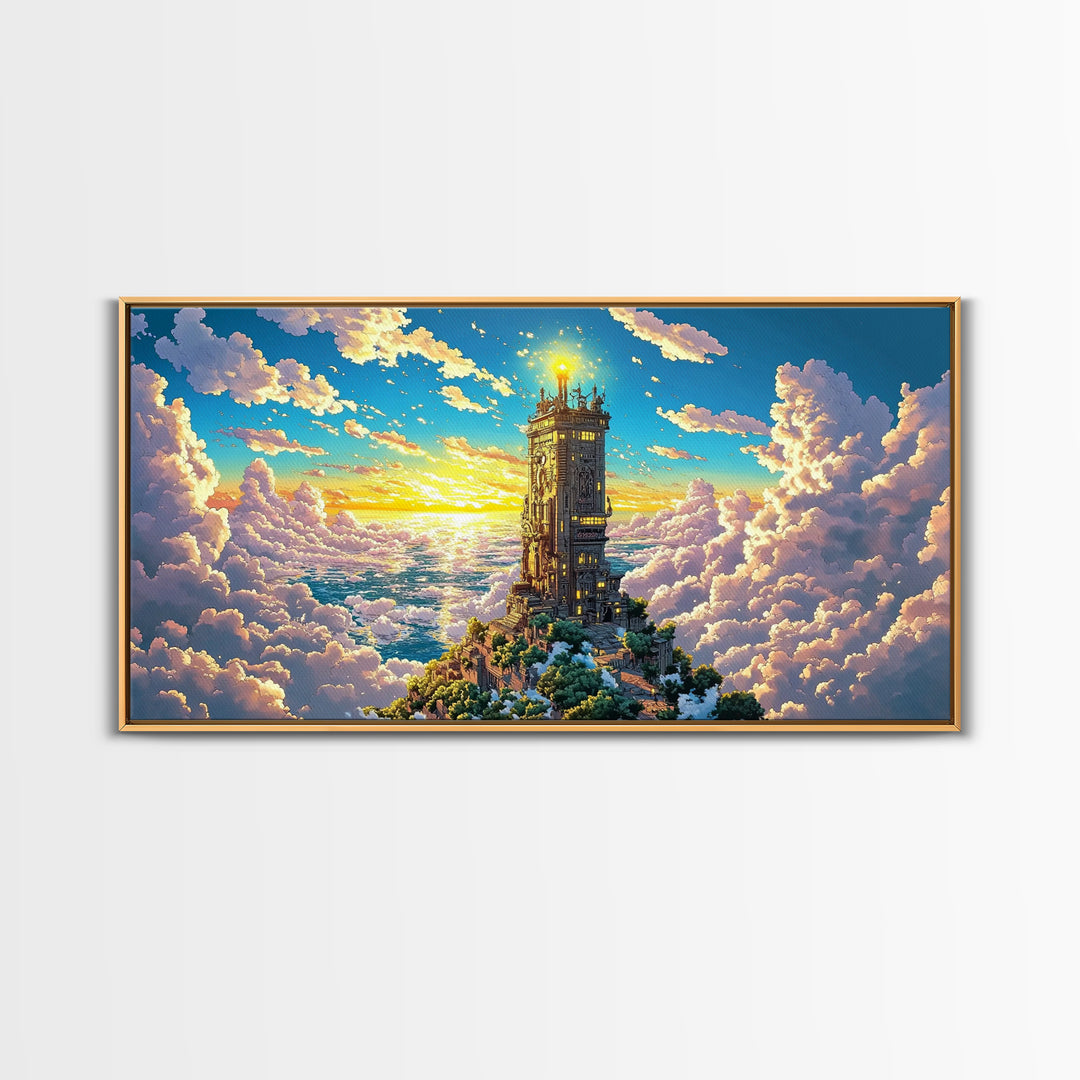 Golden Tower Above The Clouds Canvas Print, Fantasy Sky Castle Wall Art, Celestial Sunset Landscape For Living Room Decor