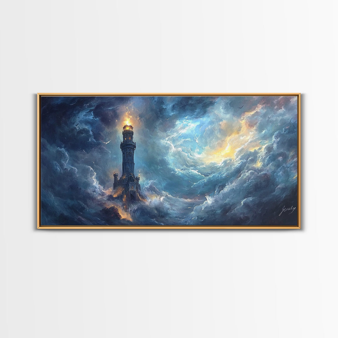 Stormy Lighthouse In Rolling Clouds Framed Canvas Print, Moody Seascape Wall Art, Dark Fantasy Ocean Decor For Living Room