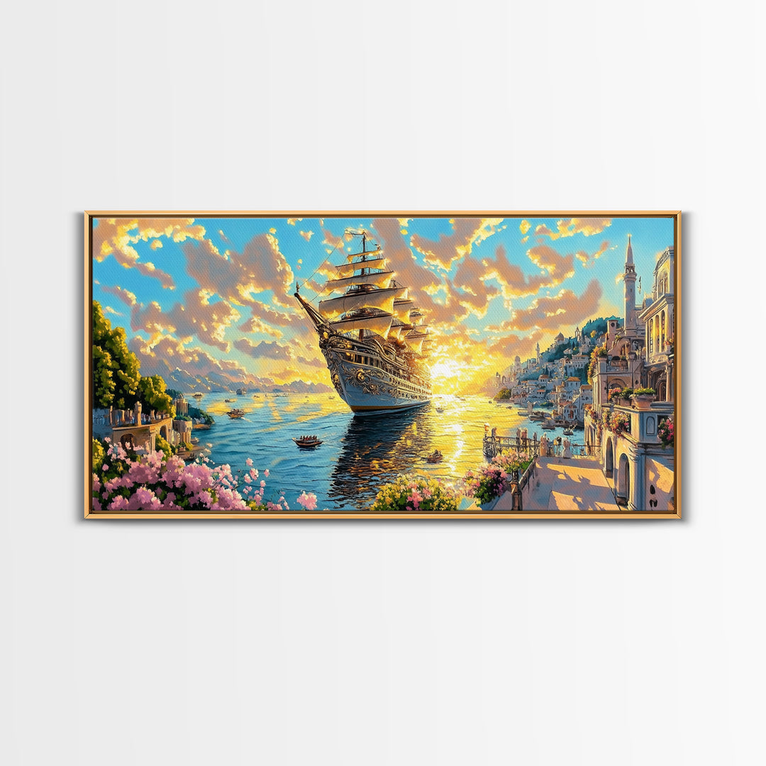 Golden Sailing Ship At Sunset Framed Canvas Print, Amalfi Coast Wall Art, Mediterranean Seascape Large Coastal Travel Home Decor