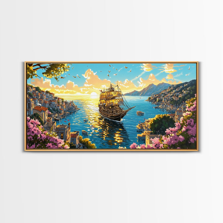 Ornate Ship In Sunlit Harbor Canvas Print, Mediterranean Coastal Wall Art, Floral Seascape Travel Home Decor For Living Room