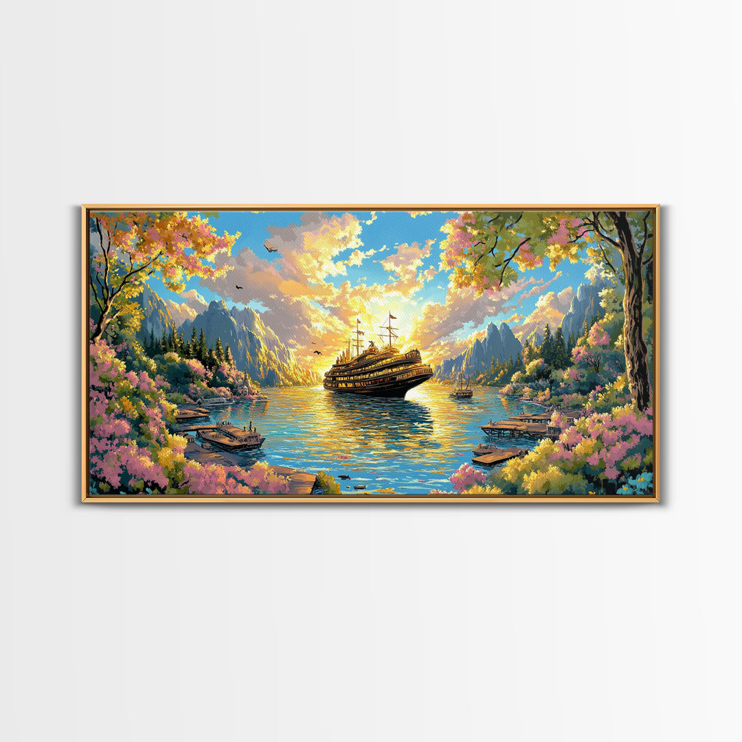 Mountain Lake With Blooming Flowers Wall Art, Fantasy Sailing Ship Canvas Print, Colorful Nature Landscape Large Home Decor