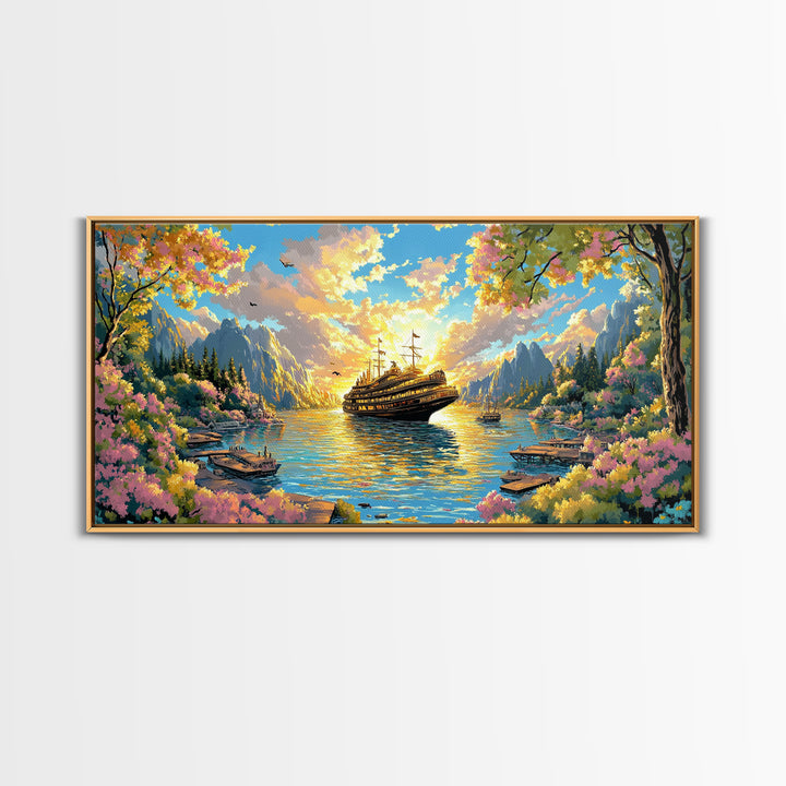 Mountain Lake With Blooming Flowers Wall Art, Fantasy Sailing Ship Canvas Print, Colorful Nature Landscape Large Home Decor