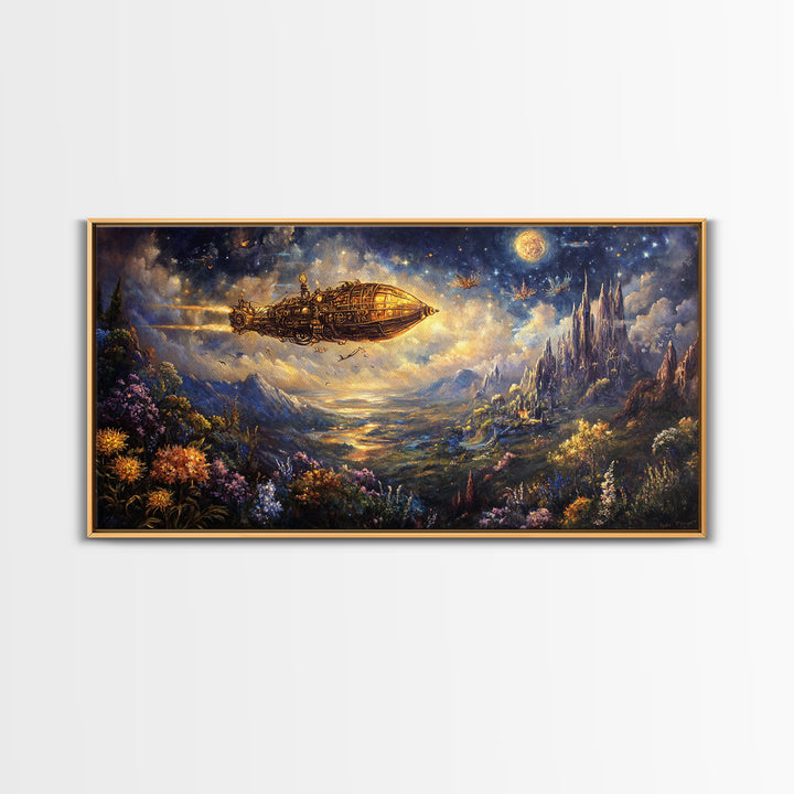 Golden Airship Over Moonlit Castle Valley Framed Canvas Print, Celestial Fantasy Wall Art, Steampunk Landscape Decor For Living Room