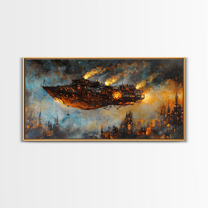 Dark Steampunk Airship Above Industrial City Canvas Print, Sci Fi Fantasy Wall Art, Moody Urban Living Room Decor For Home Office