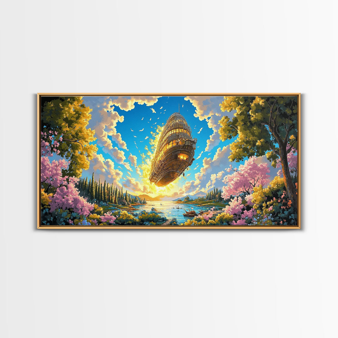 Golden Steampunk Airship Over Blossom Lake Canvas Print, Large Fantasy Landscape Wall Art, Whimsical Coastal Home Decor Gift