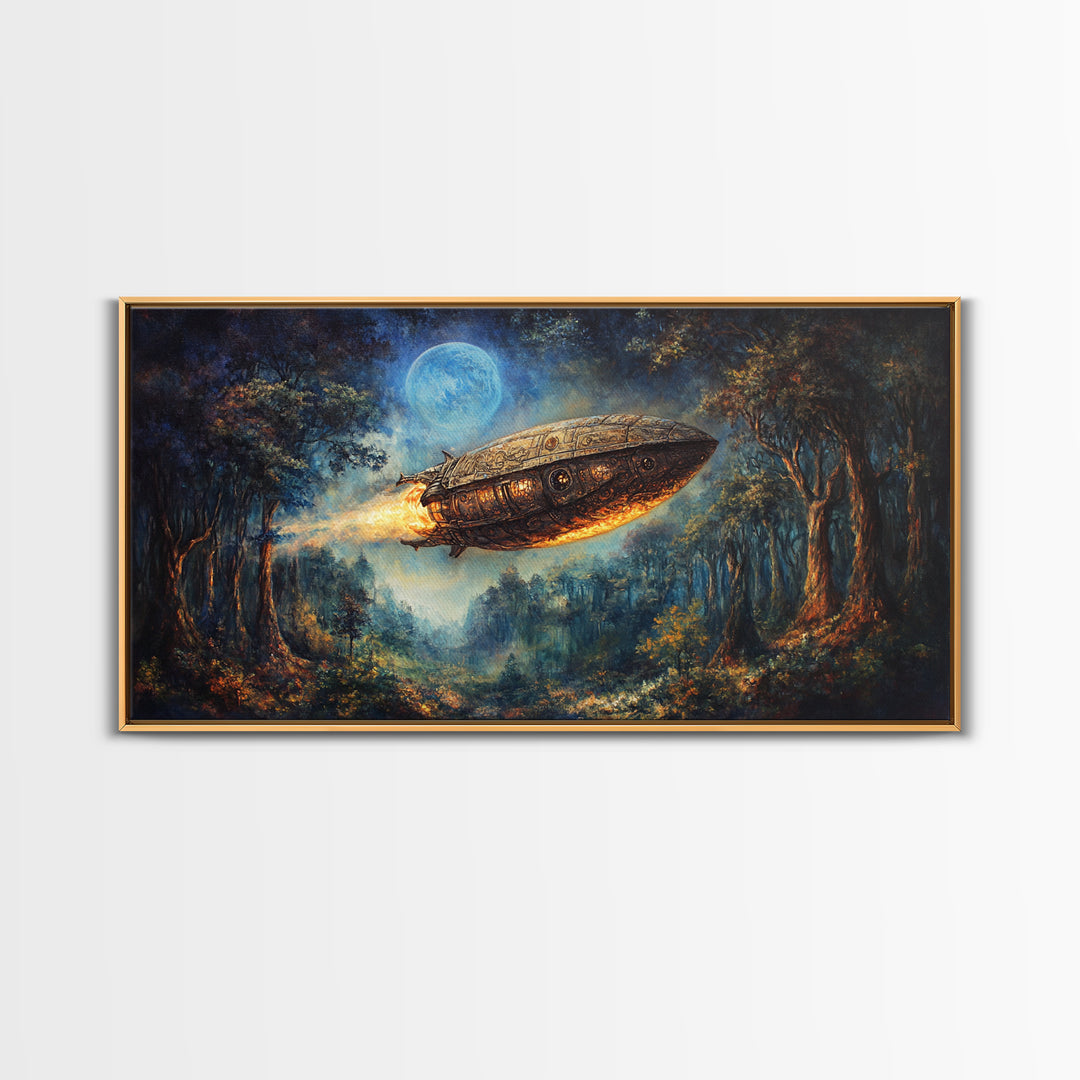 Moonlit Steampunk Airship In Dark Forest Framed Canvas Print, Fantasy Wall Art, Moody Gothic Living Room And Office Decor