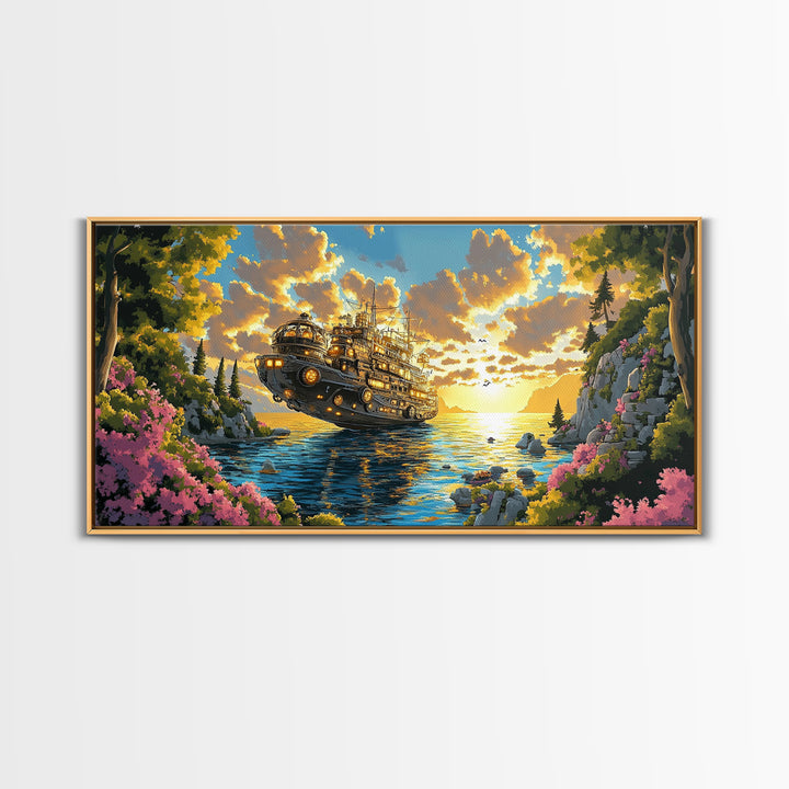 Mechanical Steampunk Ship On Sunlit Mountain Lake Canvas Print, Fantasy Wall Art, Colorful Coastal Living Room Decor Gift