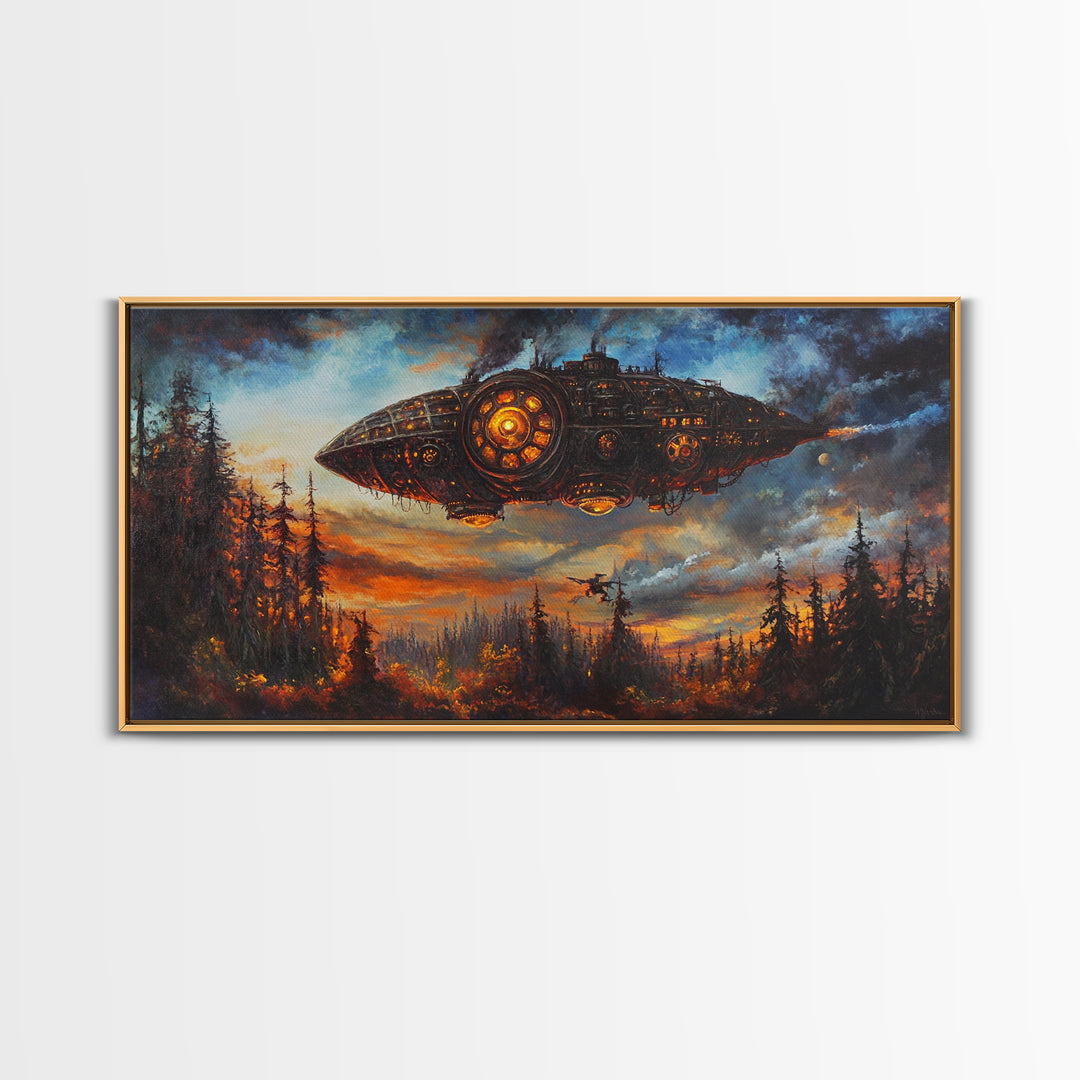 Dark Steampunk Airship Above Pine Forest Sunset Framed Canvas Print, Dystopian Sci Fi Wall Art, Moody Living Room Office Decor