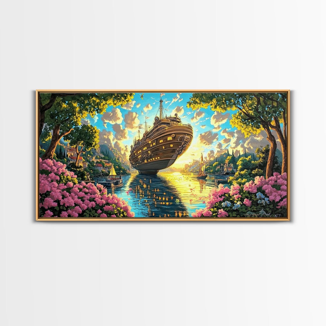Ornate Floating Ship In Garden Harbor Canvas Print, Whimsical Fantasy Coastal Wall Art, Bright Lake House Living Room Decor
