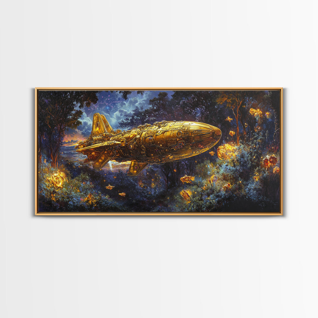 Golden Rocket Airship In Enchanted Night Forest Framed Canvas Print, Fantasy Wall Art, Firefly Woodland Decor For Bedroom