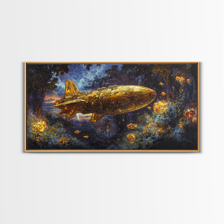 Golden Rocket Airship In Enchanted Night Forest Framed Canvas Print, Fantasy Wall Art, Firefly Woodland Decor For Bedroom