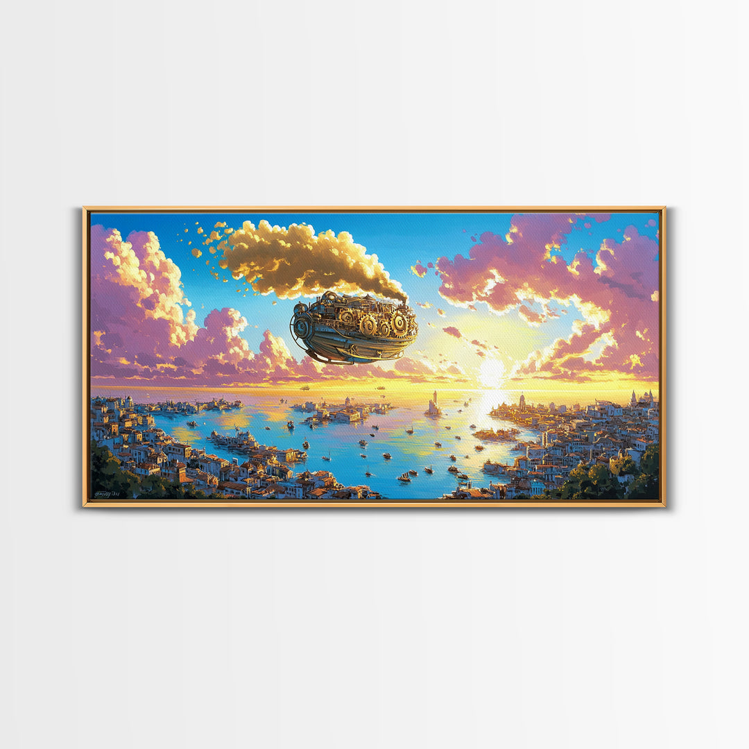 Pastel Steampunk Airship Over Coastal City Sunrise Canvas Print, Fantasy Travel Wall Art, Colorful Mediterranean Home Decor