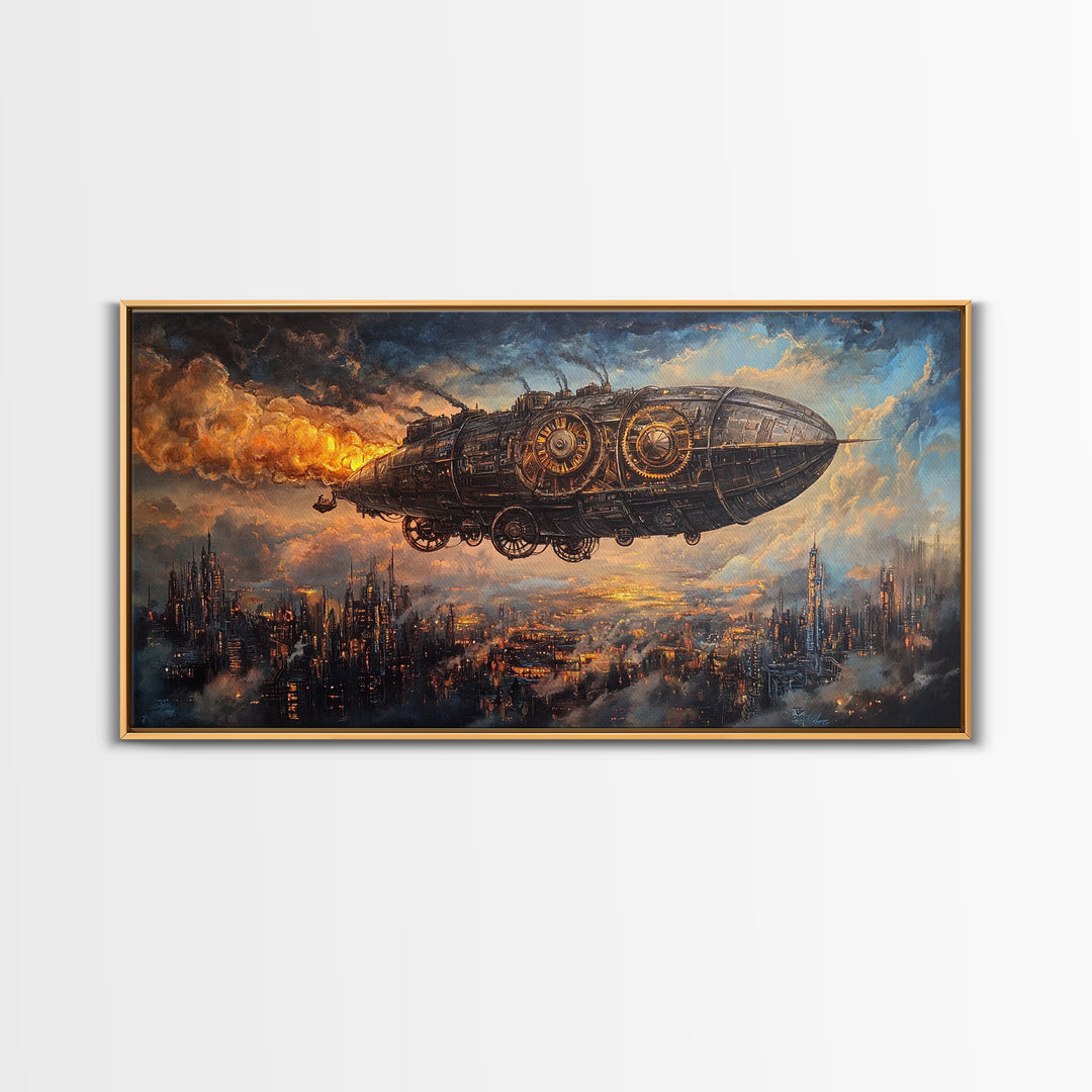 Industrial Steampunk Airship Over Dystopian City Framed Canvas Print, Sci Fi Wall Art, Dark Futuristic Living Room Office Decor