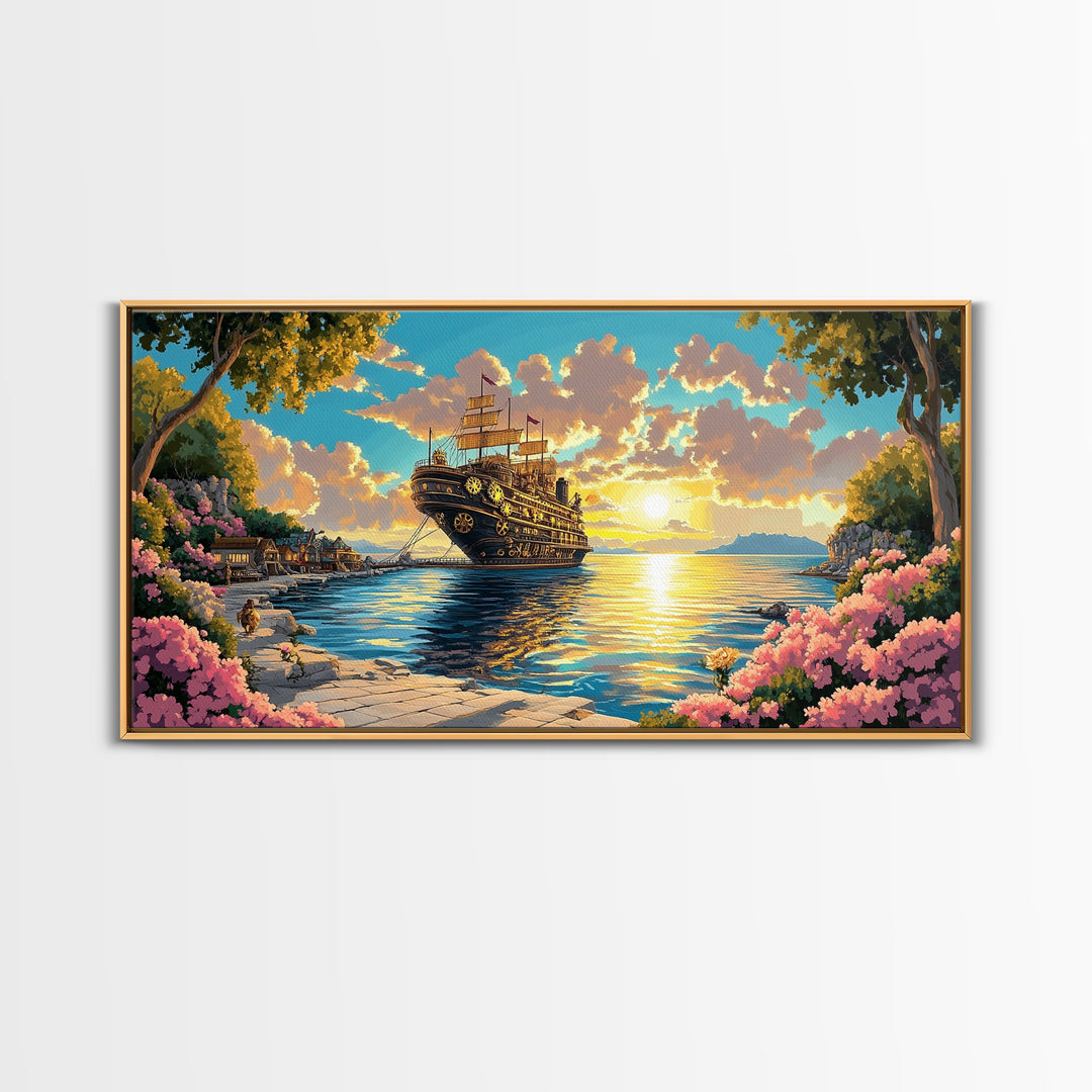 Ornate Steampunk Ship Docked In Flower Harbor Canvas Print, Fantasy Coastal Wall Art, Golden Sunset Living Room Decor Gift