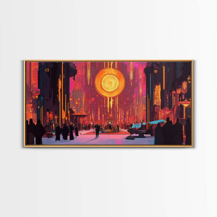 Neon Cyberpunk City With Golden Sun Disc Canvas Print, Futuristic Wall Art For Gaming Room And Modern Office Decor, Home Decor