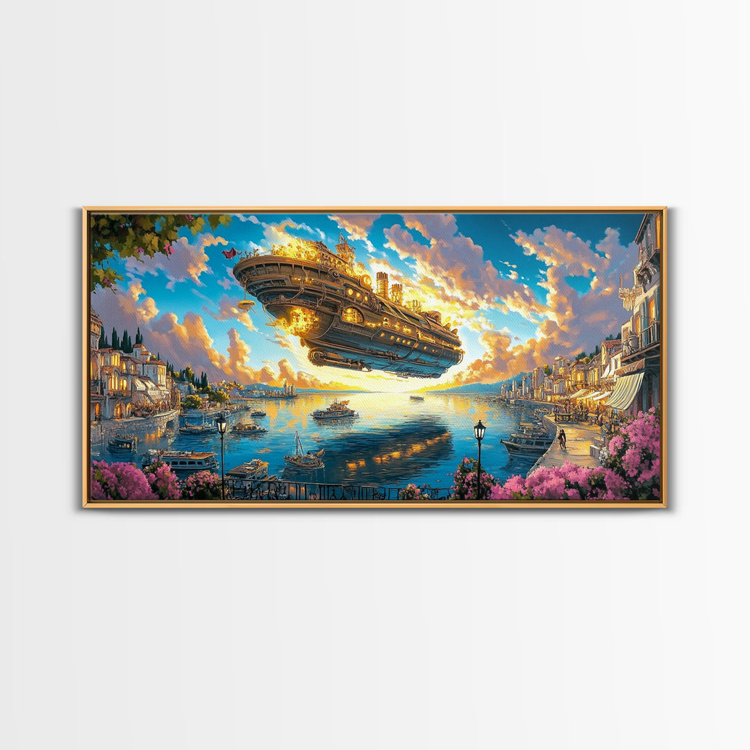 Golden Airship Above Mediterranean Harbor Canvas Print, Fantasy Travel Wall Art For Coastal Decor And Elegant Living Room Decor