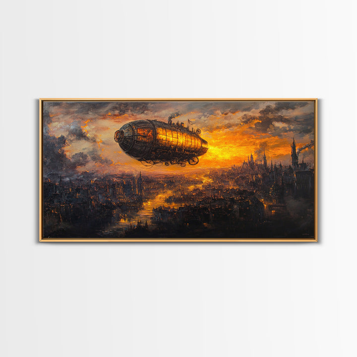 Moody Steampunk Airship At Fiery Sunset Framed Canvas Print, Dystopian City Wall Art For Gothic Office And Masculine Decor