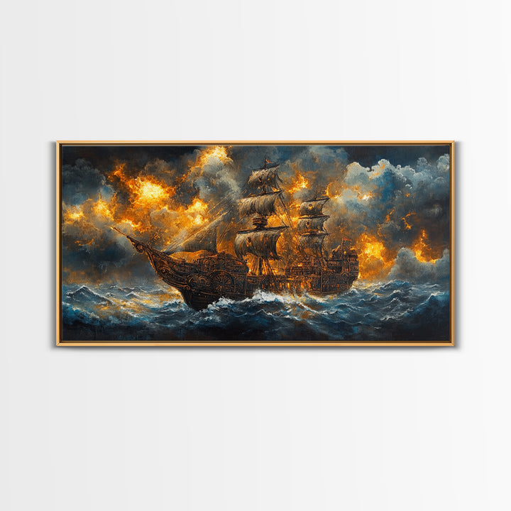 Stormy Pirate Ship In Fiery Seas Framed Canvas Print, Dramatic Nautical Wall Art For Gothic Decor And Fantasy Home Decor