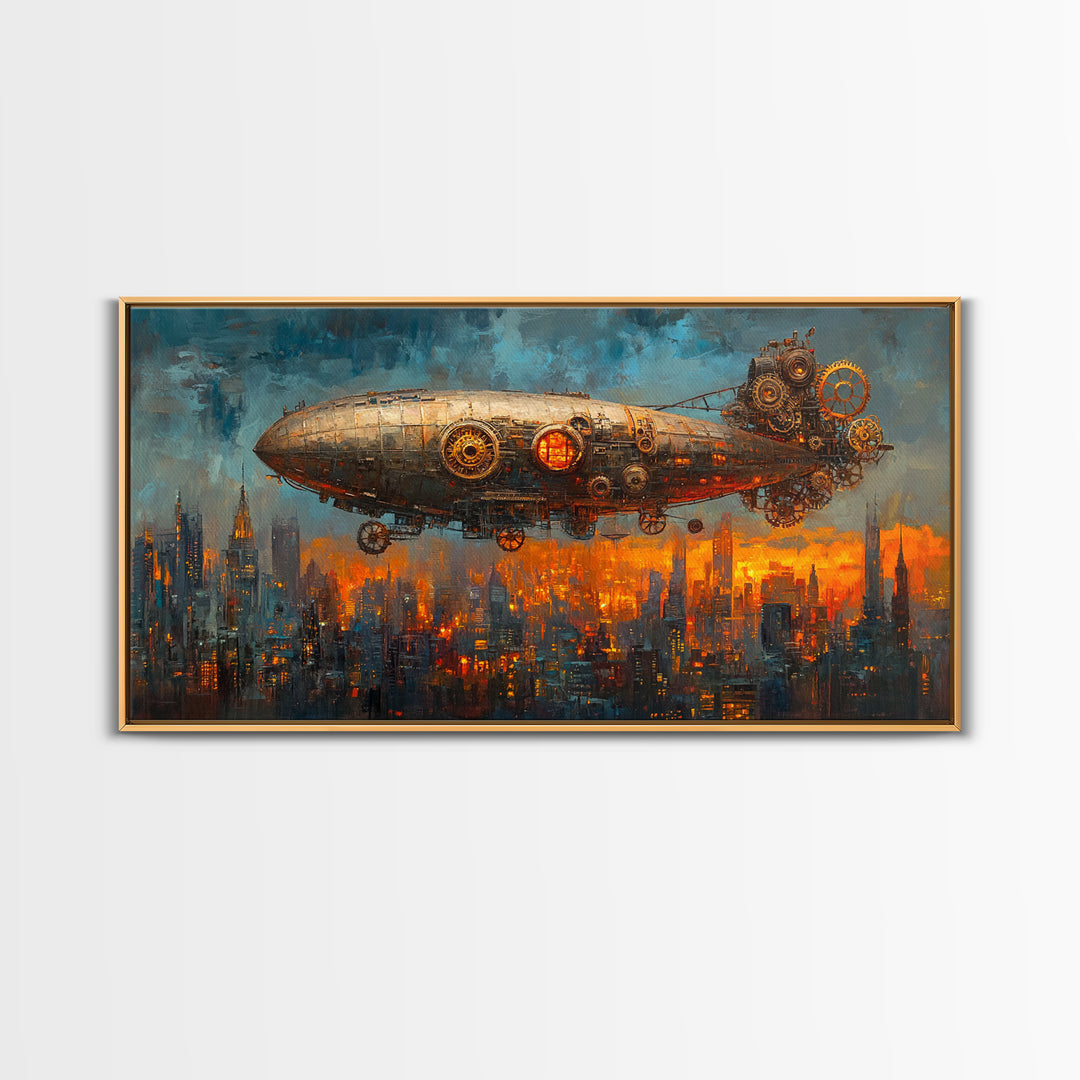 Industrial Steampunk Zeppelin Over Orange City Canvas Print, Futuristic Wall Art For Sci Fi Office Decor And Urban Home Decor